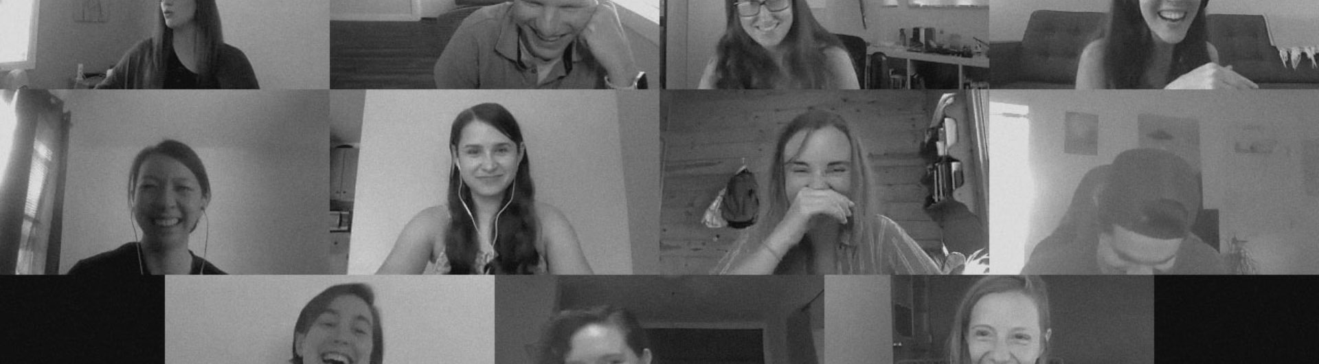 Several people in online chats smiling and laughing with a blue overlay